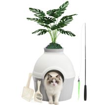 Bac À Litière Caché Pour Chat Avec Plante Artificielle, Maison De Chat 2 En 1 Avec Filtre À Charbon, 2 Pelles Et Une Canne À Pêche Télescopique Inclus