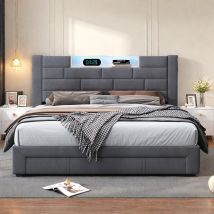 Cama Doble 160x200cm, Canapé Con 3 Cajones, Cabecero Con Led Y Puerto Usb, Cama Para Adultos, Terciopelo, Gris
