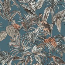 Dutch Wallcoverings - Teal Tropical Wallpaper Birds Palm Textured Blue Cream Paste The Wall Vinyl