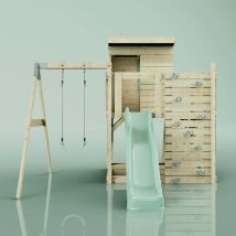 POLARPLAY Spielturm Alma aus Holz – Einzelschaukel – 306 cm – 260 cm – 415 cm – Mintgrün