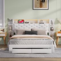 Letto 140x200 Cm, Matrimoniale Con Struttura In Legno, 4 Cassetti Profondi, Led Ambiente + Hub Di Ricarica, Flanella - Bianco