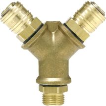 Raccord laiton – Distributeur 2 sorties G 1/4" mâle – Filetage plomberie, Forme du raccord, Configuration raccord, Largeur, Longueur – Ewo