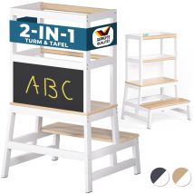 Spielwerk - Lernturm Ab 2 Jahren Kinder Mit Tafel 100kg Belastbar 93cm Hoch Montessori Learning Tower Trittschemel Kiefer Lernstuhl 2in1 Tritthocker 