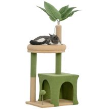 Pawhut Albero Tiragraffi Per Gatti Con Foglia Di Palma, Casetta, Lettino E 2 Palline, Torre Per Gatti In Legno E Poliestere, 44x30x98 Cm, Verde E 