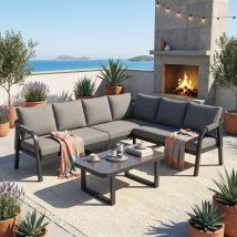 Salon De Jardin D'Angle Pour 6 Personnes, Accoudoirs Et Dossier Tressés, Tube Acier Galvanisé, Canapé + Table Basse, Gris