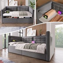 3ft Velvet Daybed With Usb Charging & Hydraulic Storage - 90x190cm Single Sofa Bed For Living Room & Bedroom,grey