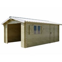 Habrita Garage Bois Massif 19,73 M² Madriers 42 Mm - Toit Shingles Double Pente - Porte Métallique