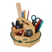 Relaxdays - Bamboo Pen Holder, Rotating Desk Organiser, 15x17x19 Cm, Pencil Pot, Stationery, Scissors & Brushes, Natural