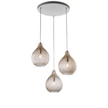 Sospensione In Ferro Laccato Bianco E Montatura Cromo Con Cavi Elettrici Regolabili E Diffusori In Vetro Soffiato Ambra Con Decoro Effetto Cristallo 3