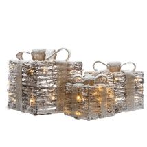 Light Up Christmas Gift Present Boxes - Under Tree Decorations - Snowy Wicker
