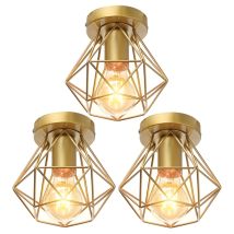 3 Piezas Lámpara De Techo Vintage Industrial Lámpara Colgante Pantalla Jaula Plafón Iluminación Plafón Metal Dorado Ø16cm