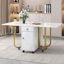 Abrihome - Folding Dining Table (1 Piece) , Folding Kitchen Utility Table, With Cupboard And 2 Drawers 4 Supporting Legs On Gliders (white/gold)