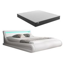 Lit Coffre Avec Matelas Texas Lit Adulte Couleur Blanc Avec Led Matériaux Bois Et Simili Cuir Coffre De Rangement Modèle Parisina 150x190cm