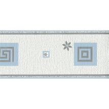 As Creation - Greek Key Floral Blue Silver Wallpaper Border Textured Vinyl