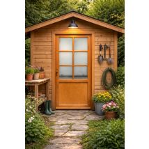 Puerta De Servicio De Madera Con Vitrina Naxos, H.200 X L.90, Con Tablero Lateral, Puerta Derecha, Manilla, Bombillo, Gd Menuiseries