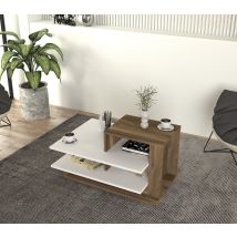 Mesa De Centro Bicolor En Blanco Y Nogal Con Almacenaje, 84,8x43,6x60 Cm, Para Salón U Oficina Contemporánea