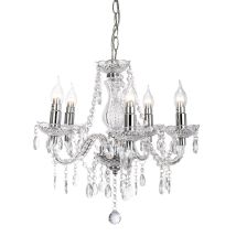 Lampadario Lampada A Sospensione Lampada Da Soggiorno Lampada Da Tavolo Da Pranzo Lustre 5 Fiamme, Metallo Cromato, Cristalli Acrilici Trasparenti, 5x