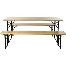 Conjunto de jardín 3 piezas – Mesa rectangular 180x50cm – 2 bancos plegables – Madera de pino – Resistente a la intemperie