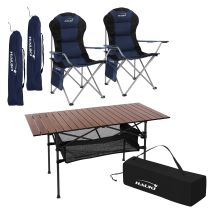 Hauki Campingmöbel Set 3tlg. Campingtisch Faltbar Braun Mit 2 Campingstühlen Blau, Camping-set Für 2 Person Mit Tragetasche, Alu Klapptisch Mit 2 