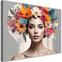 Quadro Su Tela Donna Con Fiori Colorati In Testa 45x30