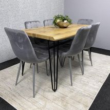 Wooden Dining Table And 6 Grey Velvet Chairs - Stylish Dining Room Furniture