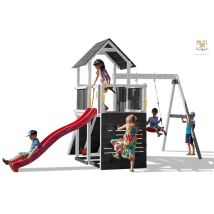 Fungoo Spielturm "carol 3", Grau/weiß, Mit Rutsche, Schaukel, Kletterwand, Rampe Und Holzdach