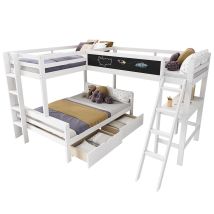 Lit D'Enfant En Mezzanine, Pour Trois Enfants, Avec Bureau Et Étagère, 140x200 Cm, 90200 Cm, Blanc