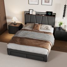 Cama Tapizada De 140 X 200 Cm, Canapé Hidráulico, Espacio De Almacenamiento 2 En 1, Cabecero Con Led Y Puerto De Carga, Cama Doble Con 2 Cajones, Lino