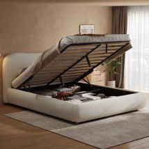 4ft 6 Ottoman Storage Bed Frame With Curved Headboard And Soft Rounded Corners In Warm White Terry Fabric,135x190cm