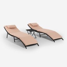 Lot De 2 Chaises Longues En Rotin Avec Table Pliante Lanzarote - Beige