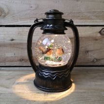 20cm Dual Power Led Christmas Glitter Water Spinner Antique Lantern Robin Scene