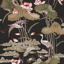 Design Id - Black Lotus Pond Wallpaper Crane Lily Pads Textured Paste The Wall
