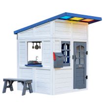 Teamson Kids Rainbow Shade Wooden Playhouse In White With Colorful Roof, Kitchen, Bench, Mailbox & Doorbell, Encourages Creativity & Social Skills