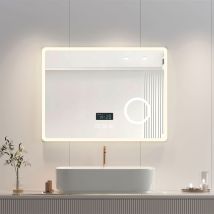 Heilmetz - Espejos De Baño Con Luz Con 3x Lupa, Bluetooth Y Antivaho Espejo Baño Con Relojes, 3 Luz De Color Brillo Ajustable 80x60cm