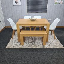 Kosy Koala - Dining Table And 4 Chairs With Bench Oak Effect Wood 4 White Plastic Leather Chairs Dining Room