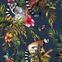 Dutch Wallcoverings - Lemur Wallpaper Navy Blue Tropical Jungle Birds Metallic Floral Trees Animals