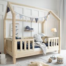 Cama Cabaña 90x190 Con Barandilla Y Somier Patas De 10 Cm Daisy Madera