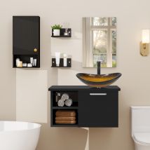 Puluomis Ensemble De Meuble-lavabo, Meuble Mural - Vasque, Meuble Mural À Rayures Noires, Meuble-lavabo En Bois Noir - Avec Miroir, Vasque -robinet, 