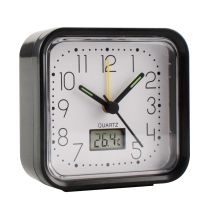 Reloj despertador analógico negro – 82x82x38mm – Mecanismo de cuarzo – Display con temperatura – Manecillas luminiscentes