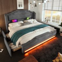 Cama Con Cajones 180x200 Cm Con 4 Cajones, Cabecero Con Led Y Puertos Usb Y Tipo-c, En Terciopelo, Gris, Sin Colchón