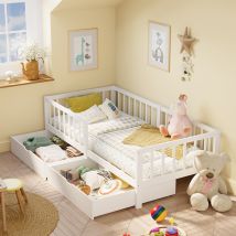 Lit Enfant Bealife Lit Simple 95 X 200 Cm Cadre De Lit En Bois Massif Avec 2 Tiroirs Pout 3 À 9 Ans Blanc