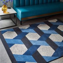 Camden Wool Viscose Hand Tufted Geometric Blue Grey Rug Large 160x230 Cm (5'3"x7'7")