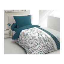 Parure De Couette Microfibre Ethno - 1 Housse De Couette 140x200 Cm + 1 Taie D'Oreiller 63x63 Cm - Bleu Canard - Home Linge Pass