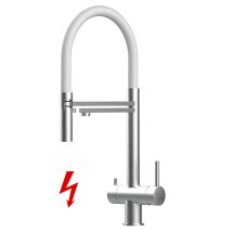 Niederdruck 3 Wege Edelstahl Massiv Küchenarmatur Spültischmischer, Mit 360° Schwenkbarem Weiß Auslauf Und 2 Strahl Handbrause - Gebürstet
