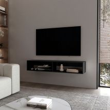 Tuhome Concept - Tuhome Estante Flotante Central Para Medios En Melamina Con Dos Estantes, Negro 26,5 Cm (alto) X 150 Cm (ancho) X 32 Cm (profundidad)
