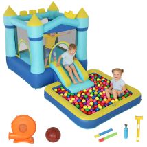 Castillo Hinchable Para Niños Con Soplador Tobogán Cama Elástica Piscina Y Aro De Baloncesto Para Niños 3-8 Años Azul