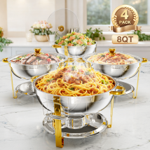 4 Pack 7,5 L Gold Chafing Dishes 8qt For Buffet , Stainless Steel Round Chafers And Buffet Warmers Sets With Lid Holder, Stackable Design, For 