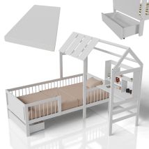 Juskys Lit Enfant Yari - Bureau Intégré, Tiroir Pratique, Cadre En Pin Massif, Facile D'Entretien, Avec Matelas - Blanc