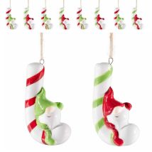 8 Decorazioni Natalizie Da Appendere Per Albero In Ceramica - Bastoncino E Gnomo