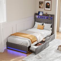 Lit 90x200 Avec Sommier - Sunfecili - Lit Simple Avec Led - Usb - 2 Tiroirs - Tête De Lit Rangement - Cadre De Lit Enfant - Lin Gris